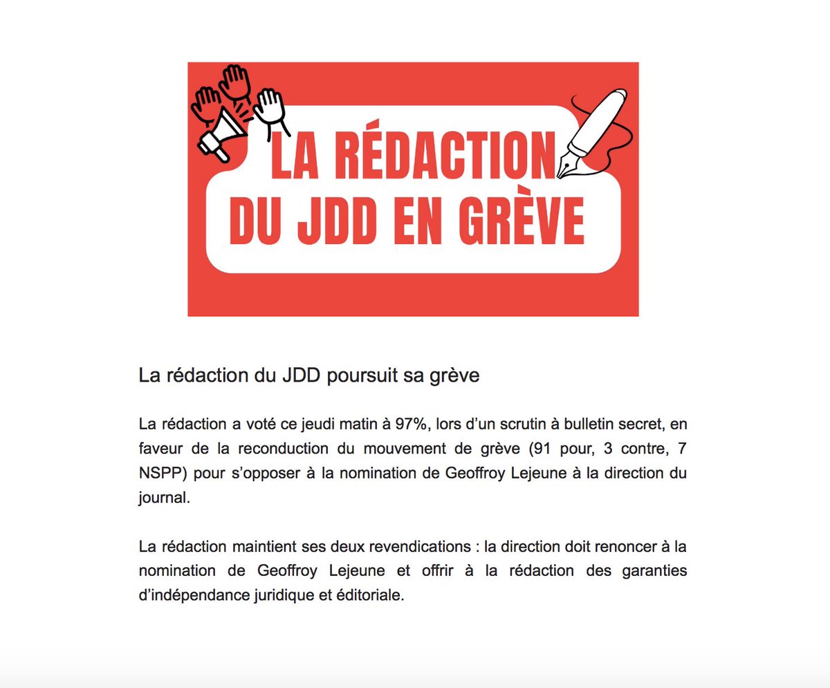 AnciensDuJDD's tweet photo. La rédaction du JDD poursuit sa grève 

La rédaction a voté ce jeudi matin à 97% en faveur de la reconduction du mouvement de grève ⤵️ https://t.co/u0P24Rl9dv