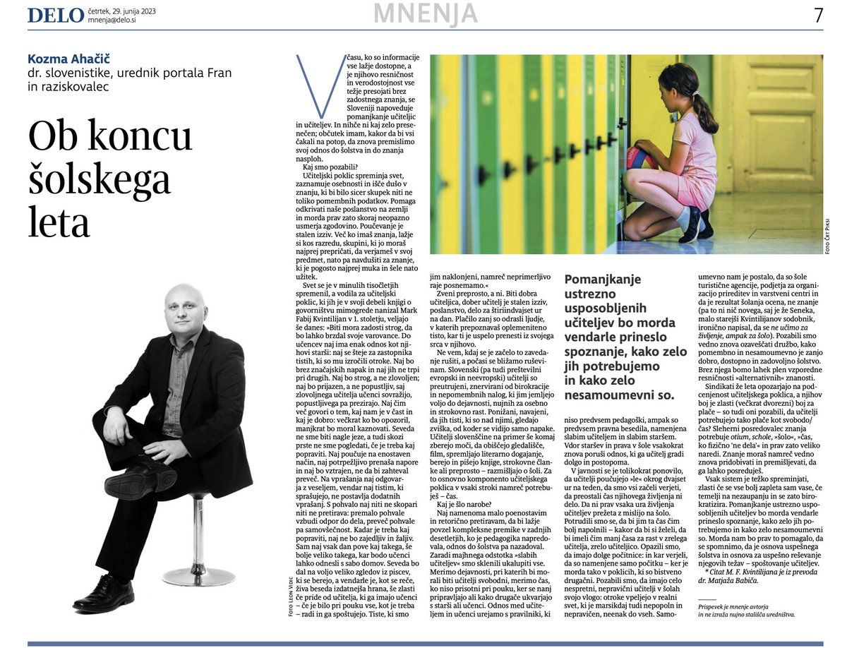 Moja nova kolumna v časniku <a href="/Delo/">Delo</a>. "Osnova uspešnega šolstva in osnova za uspešno reševanje njegovih težav je – spoštovanje učiteljev."
👉Poklon vsem učiteljicam in učiteljem, profesoricam in profesorjem ob koncu šolskega leta!
delo.si/mnenja/kolumne…