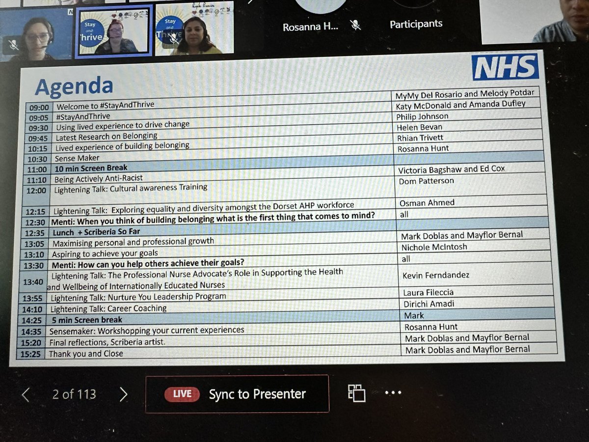 We just started! Jam-packed agenda in a jam-packed virtual room of close to 200 participants and (counting!) Join us @stayandthrive national learning event today @EdCoxNHS @VBagshaw @FionaHolbrough @KatyMcDonald01 @akdufley @MayflorBernal @Mymy_DelRos @ravmeelu