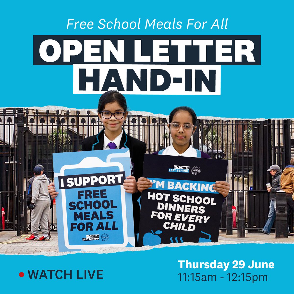 🚨 𝑶𝑷𝑬𝑵 𝑳𝑬𝑻𝑻𝑬𝑹 𝑯𝑨𝑵𝑫-𝑰𝑵🚨 Today, 240+ civil society organisations are delivering the open letter demanding #FreeSchoolMealsForAll, signed by 90,000 people.  Watch live from 11:15am 👀👉 bit.ly/nclbyoutube