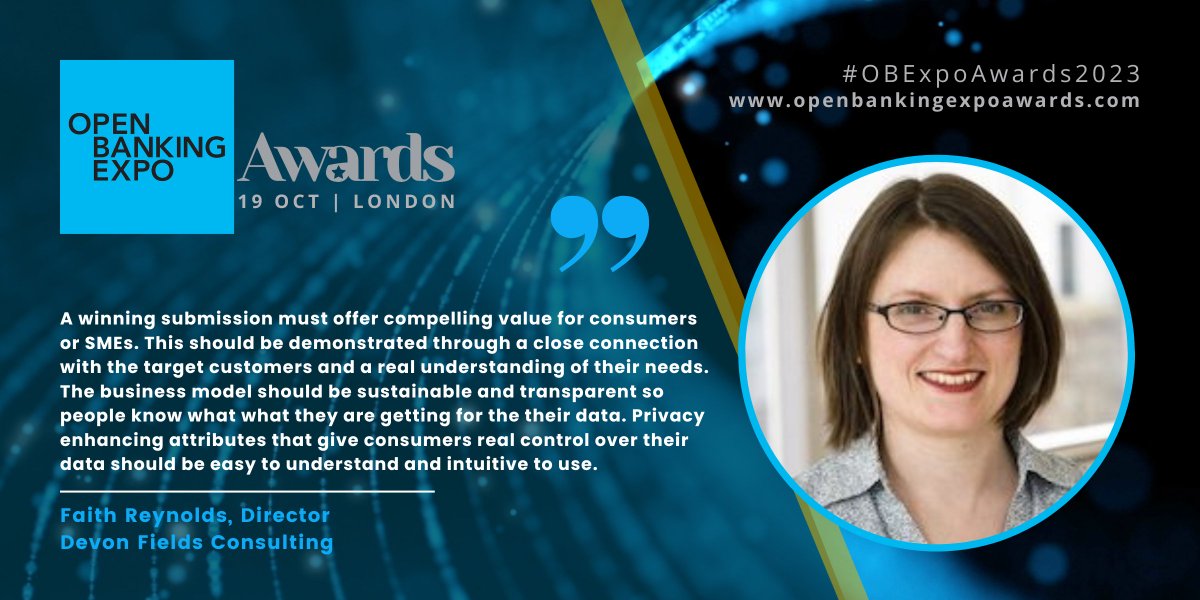 🤔What makes a submission award-winning? See what <a href="/FaithReynolds1/">Faith Reynolds</a>, Devon Field Consulting had to say 👇 LAST CALL FOR ENTRIES - Get them in before they close TOMORROW!  bit.ly/3M8kAfM

#OBExpoAwards2023 #openbanking #openfinance #payments