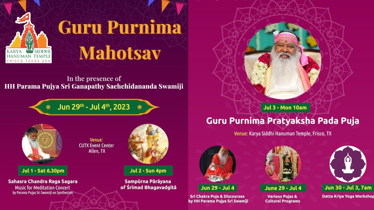 -Karya Siddhi Hanuman Temple invites all devotees, along with your families and friends to participate in Guru Purnima Mahotsav Celebrations  from Jun 29-Jul 04, 2023Click here to view the schedule nripage.com/events/guru-pu… #NRIPage #kshtdallas #yogasessions #healing #musicconcert