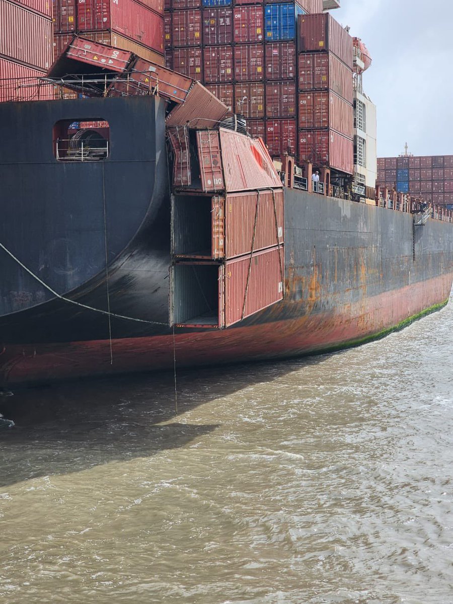 1/2. MV SCI Mumbai a large container vessel of Shipping Corporation of India was safely brought inside and berthed at KICT Kandla Terminal today with two overside hanging containers & few damaged containers who encountered heavy storm (Biporjoy) off Goa sailing out from Tuticorin