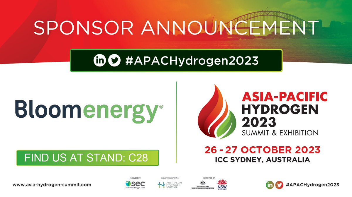 Asia-Pacific Hydrogen 2023 (@apachydrogen) on Twitter photo 📣 SPONSOR ANNOUNCEMENT! 📣
<a href="/Bloom_Energy/">Bloom Energy</a> are Gold Sponsors for the #APACHydrogen2023 Summit & Exhibition <a href="/ICCSyd/">ICC Sydney</a> on 26 - 27 October.
📌Stand: bit.ly/3kY86g3
🎟️Ticket: bit.ly/3mFLYrv
📕Brochure: bit.ly/3ZxwxQt 📣 SPONSOR ANNOUNCEMENT! 📣
<a href="/Bloom_Energy/">Bloom Energy</a> are Gold Sponsors for the #APACHydrogen2023 Summit & Exhibition <a href="/ICCSyd/">ICC Sydney</a> on 26 - 27 October.
📌Stand: bit.ly/3kY86g3
🎟️Ticket: bit.ly/3mFLYrv
📕Brochure: bit.ly/3ZxwxQt