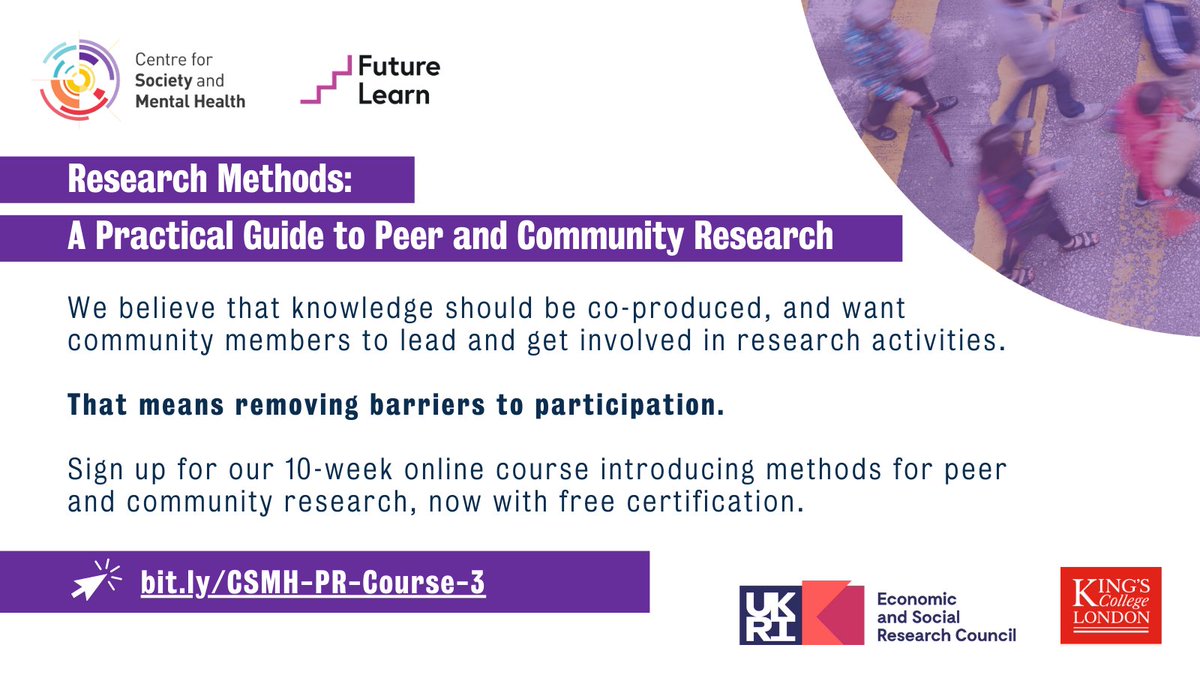 ESRC Centre for Society and Mental Health (@kcsamh) on Twitter photo We are thrilled to announce the re-launch of our 10-week <a href="/FutureLearn/">FutureLearn</a> course introducing methods for peer and #communitybased research. The course aims to remove barriers to #research for non-academics, with free access and certification.
Sign up here ▶️ bit.ly/CSMH-PR-Course… We are thrilled to announce the re-launch of our 10-week <a href="/FutureLearn/">FutureLearn</a> course introducing methods for peer and #communitybased research. The course aims to remove barriers to #research for non-academics, with free access and certification.
Sign up here ▶️ bit.ly/CSMH-PR-Course…