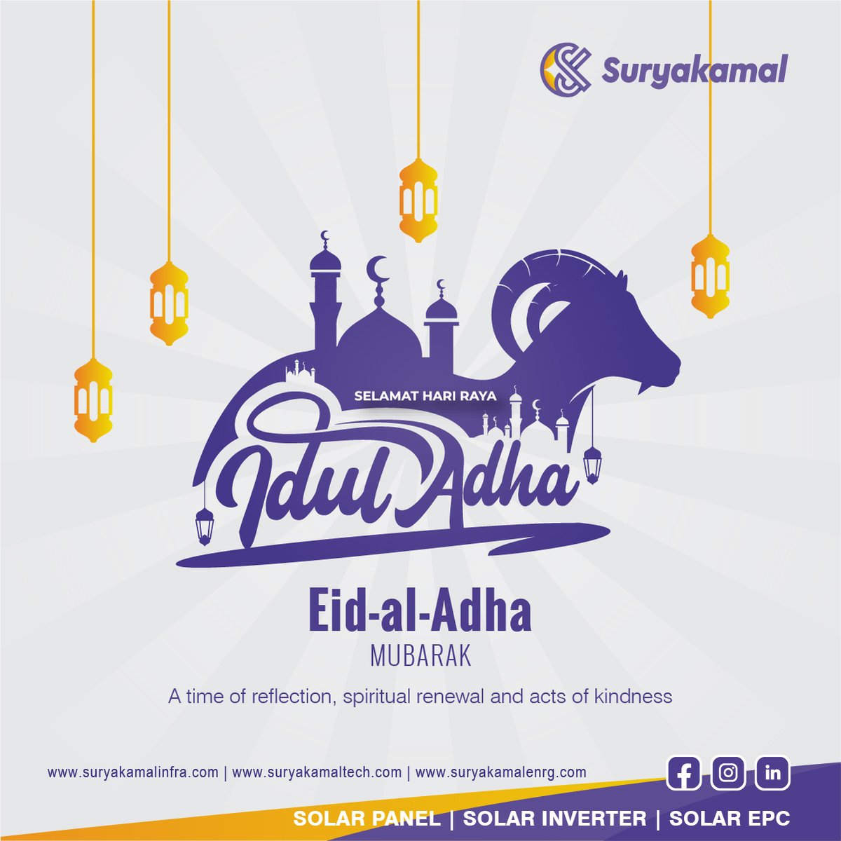 On this sacred day of Eid al-Adha, let's come together in prayer, compassion, and unity. Wishing you a blessed Eid filled with peace and harmony.
#EidAlAdha #PumpUpYourLife #Sacrifice #Generosity #EidMubarak  #festival #indianfestival #solarinnovations #solarenergy #suryakamal
