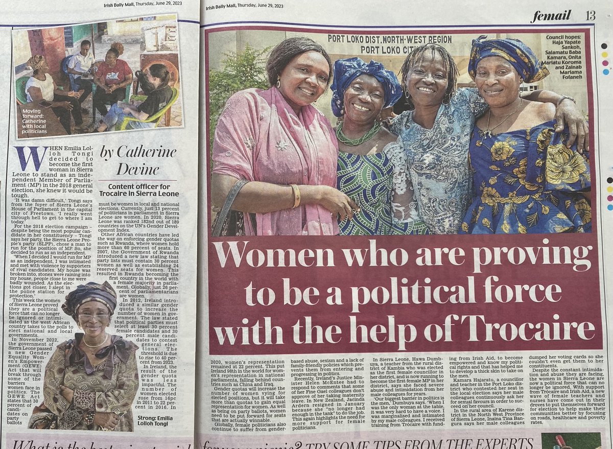 CdeBarra's tweet image. Today's @irishdailymail highlights the incredible stories of female politicians who ran for election in Sierra Leone. Supported by Trócaire and @Irish_Aid, these inspiring women are driving positive change in their communities by prioritising roads, healthcare, and poverty rates.