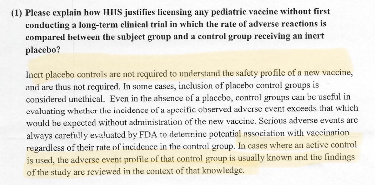 In the video of RFK Jr. saying no childhood vaccine has been tested against an inert saline placebo he references that he sued HHS to provide the studies showing they are. Anyone claiming they have been is lying to you. Zero has. Here is the HHS response sent after being sued.…