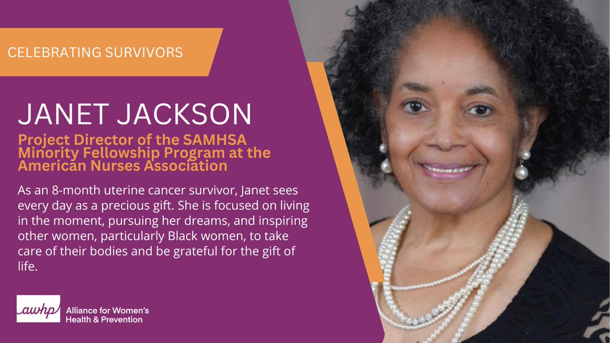Janet Jackson has been the Project Director of @anamfp for 21 years. As a seasoned professional and #uterinecancer survivor, Janet understands what it takes to lead the Minority Fellowship Program with vision, purpose, commitment, and compassion. #NationalCancerSurvivorsMonth