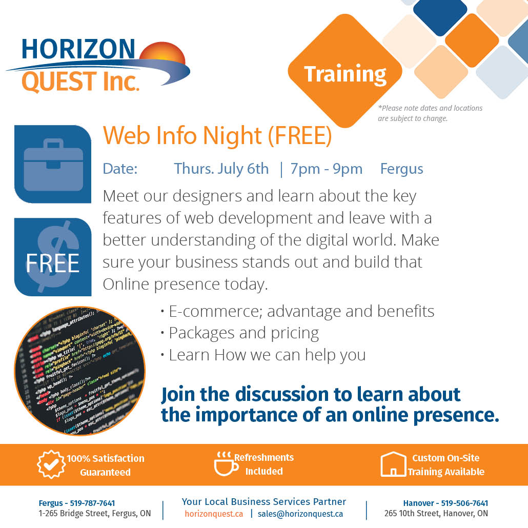 HorizonQuest's tweet photo. Upcoming Training for a Free Web Info Night! Give us a call at any of our locations or visit us on our website. https://t.co/fUQOepIWXD #training #train #web https://t.co/gFbecX13PI