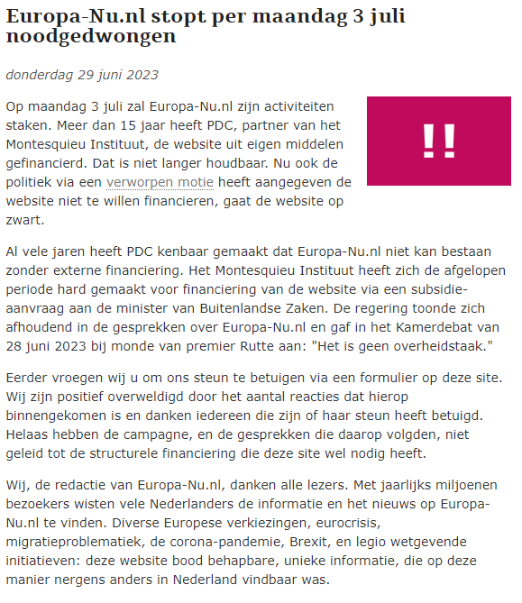 Per maandag 3 juli 2023 zal Europa-Nu.nl zijn activiteiten staken. De website houdt dan noodgedwongen op te bestaan.

Een bericht en verklaring van onze redactie👇🇪🇺
europa-nu.nl/id/vm4cjsji0yv…