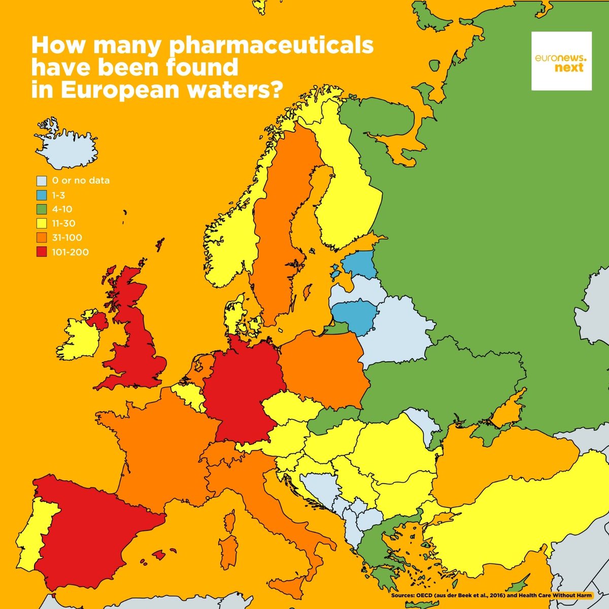 A large amount of drugs consumed in Europe end up in our rivers as active substances❌.

This map shows how many pharmaceuticals were found in surface water, groundwater, tap water and/or drinking water💧.

Find out more: rb.gy/2o4je

#SmartHealth w/ @EU_Health