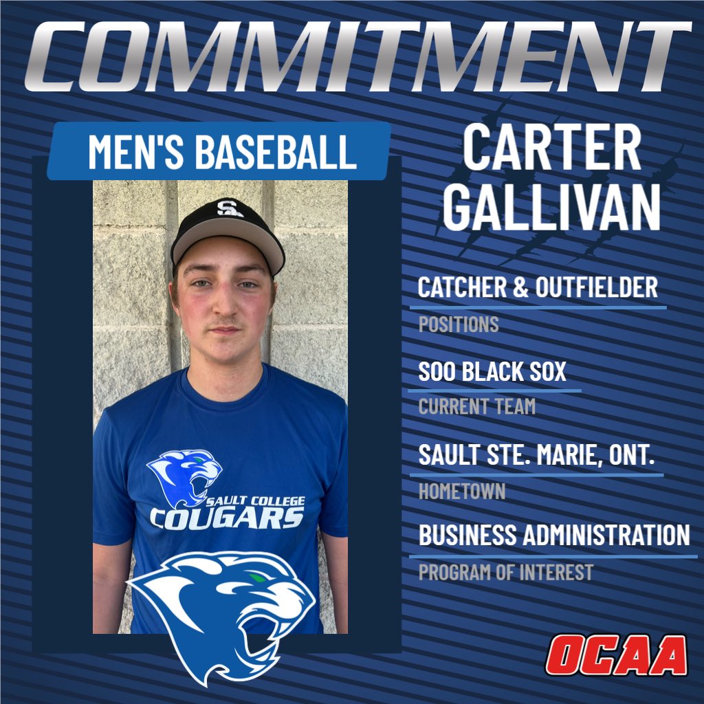 COMMITMENT ALERT! 🚨
Men’s baseball signs Soo Black Sox catcher and outfielder, Carter Gallivan, for the 2023-2024 season!⚾️
Welcome to the Cougars! 🐾
#cougarpride #ocaabaseball @SaultCollege @TheOCAA @CougarsBSBL