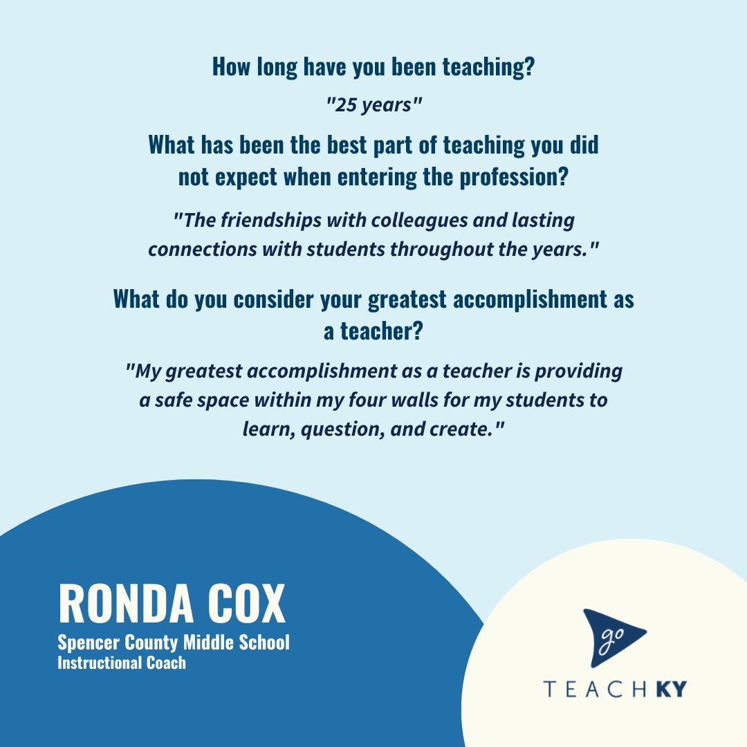 GoTeachKY's tweet photo. Ronda Cox is currently the Instructional Coach at Spencer County Middle School.  When asked why she became a teacher, she replied, “My parents and grandparents were teachers, and I wanted a career that I felt made a difference on a daily basis.”

#GoTeachKY
#TeacherSpotlight https://t.co/zmokSTcGn6