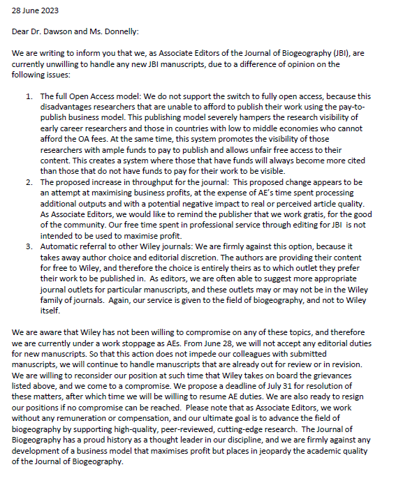 Lucie Zinger (@luciezinger) on Twitter photo I, along with 85% of #JBI AEs, am on a work stoppage as #AssociateEditor of <a href="/jbiogeography/">Biogeography.News</a> because@WileyGlobal prioritizes profit over access & journal quality, creating barriers to equity and publication - particularly for #ECRs and peers from the #GlobalSouth #BetterPublishing I, along with 85% of #JBI AEs, am on a work stoppage as #AssociateEditor of <a href="/jbiogeography/">Biogeography.News</a> because@WileyGlobal prioritizes profit over access & journal quality, creating barriers to equity and publication - particularly for #ECRs and peers from the #GlobalSouth #BetterPublishing