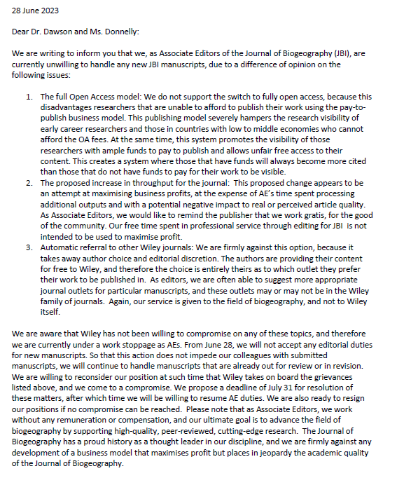 I, along with 85% of #JBI AEs, am on a work stoppage as #AssociateEditor of @jbiogeography because@WileyGlobal prioritizes profit over access & journal quality, creating barriers to equity and publication - particularly for #ECRs and peers from the #GlobalSouth #BetterPublishing