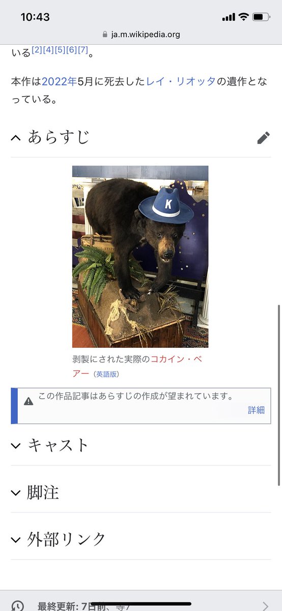 The “plot” section of Japanese wikipedia page for Cocaine Bear just has a photo of Pablo Escobear and nothing else