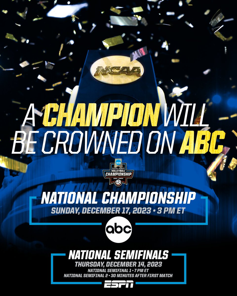 National Broadcast 𝐅𝐎𝐑 𝐓𝐇𝐄 𝐖𝐈𝐍! 🏐🏆

<a href="/ABCNetwork/">ABC</a> will broadcast the 2023 National Championship Match on Sunday, December 17 at 3 PM ET.

#NCAAWVB
