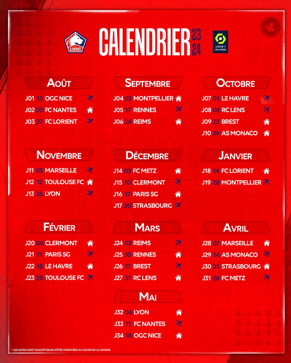 Le calendrier de la <a href="/Ligue1UberEats/">Ligue1UberEats</a> pour cette saison 2023/2024 est là 🗓️

Avec une saison qui débutera à Nice et qui terminera par la réception des Aiglons 🔥

On a hâte de vous retrouver ⏳