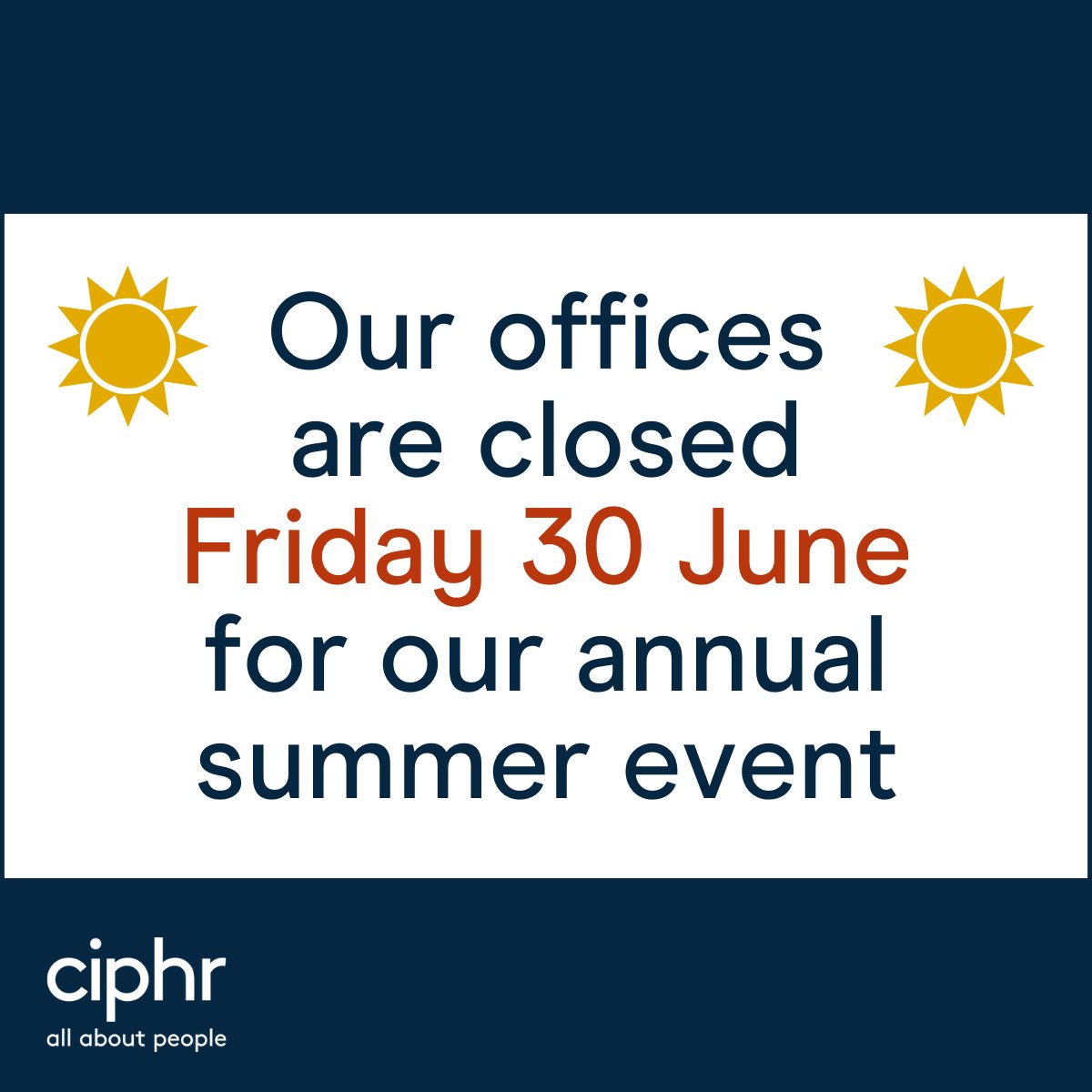 Tomorrow (Friday 30 June) most of our staff will be unavailable due to our annual summer event. We are looking forward to a day of company updates and presentations, awards and catching up with colleagues. ☀️

We will be returning to work as normal on Monday 3 July.

#LifeAtCiphr