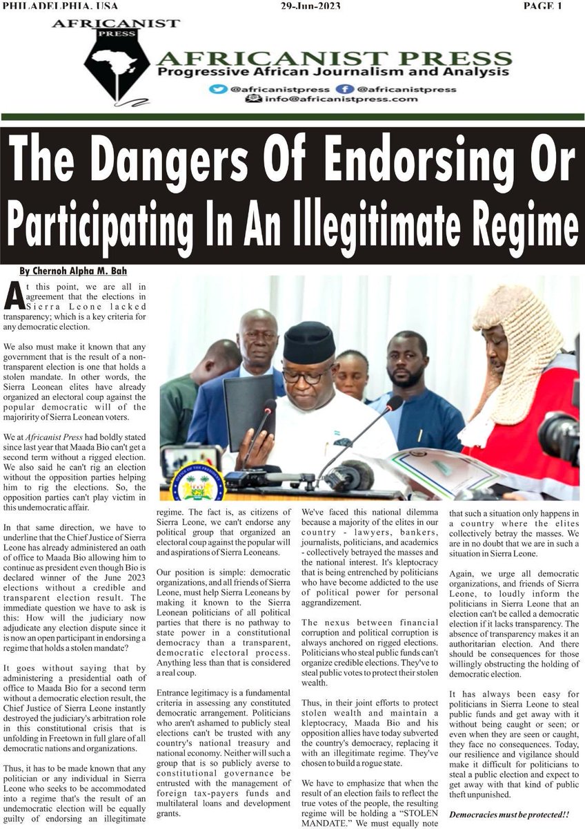 africanistpress's tweet photo. Politicians who publicly steal elections can't be trusted with any country's national treasury and national economy; or with the management of foreign tax-payers funds and multilateral loans and development grants.⁦ ⁦@StateDept⁩ ⁦⁦⁦⁦@USEmbFreetown⁩ https://t.co/hSiT9dOnMR