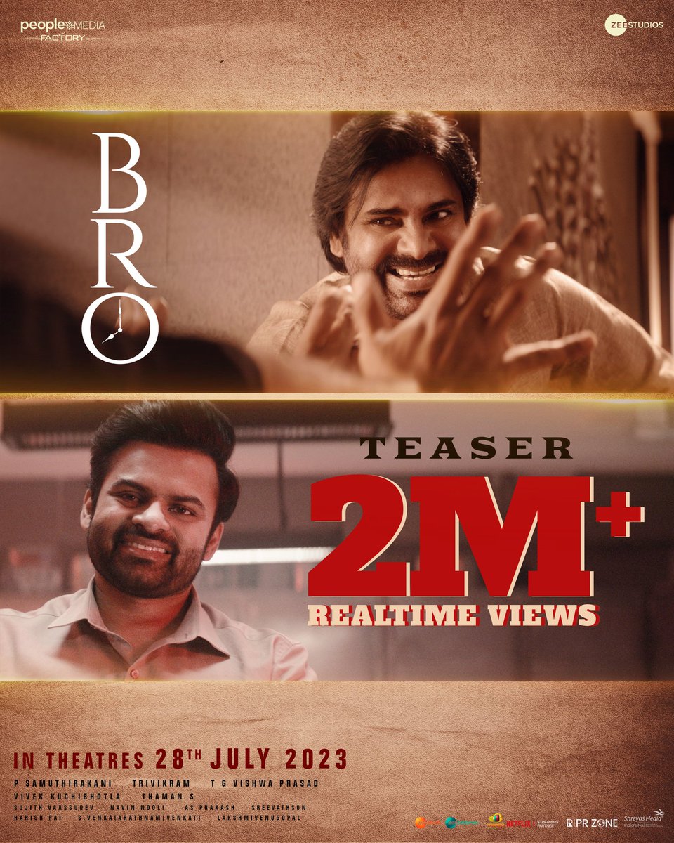 peoplemediafcy's tweet photo. The DUO @PawanKalyan &amp; @IamSaiDharamTej's Energy &amp; Swag is a BLOCKBUSTER 🤩

#BroTeaser breaches 2️⃣M+ hits in no time🔥
https://t.co/BgOdu48rvD

@thondankani @MusicThaman @vishwaprasadtg @vivekkuchibotla @lemonsprasad @neeta_lulla
@zeestudiossouth

#BroTheAvatar
#BROFromJuly28 https://t.co/lWnEeSMWdg