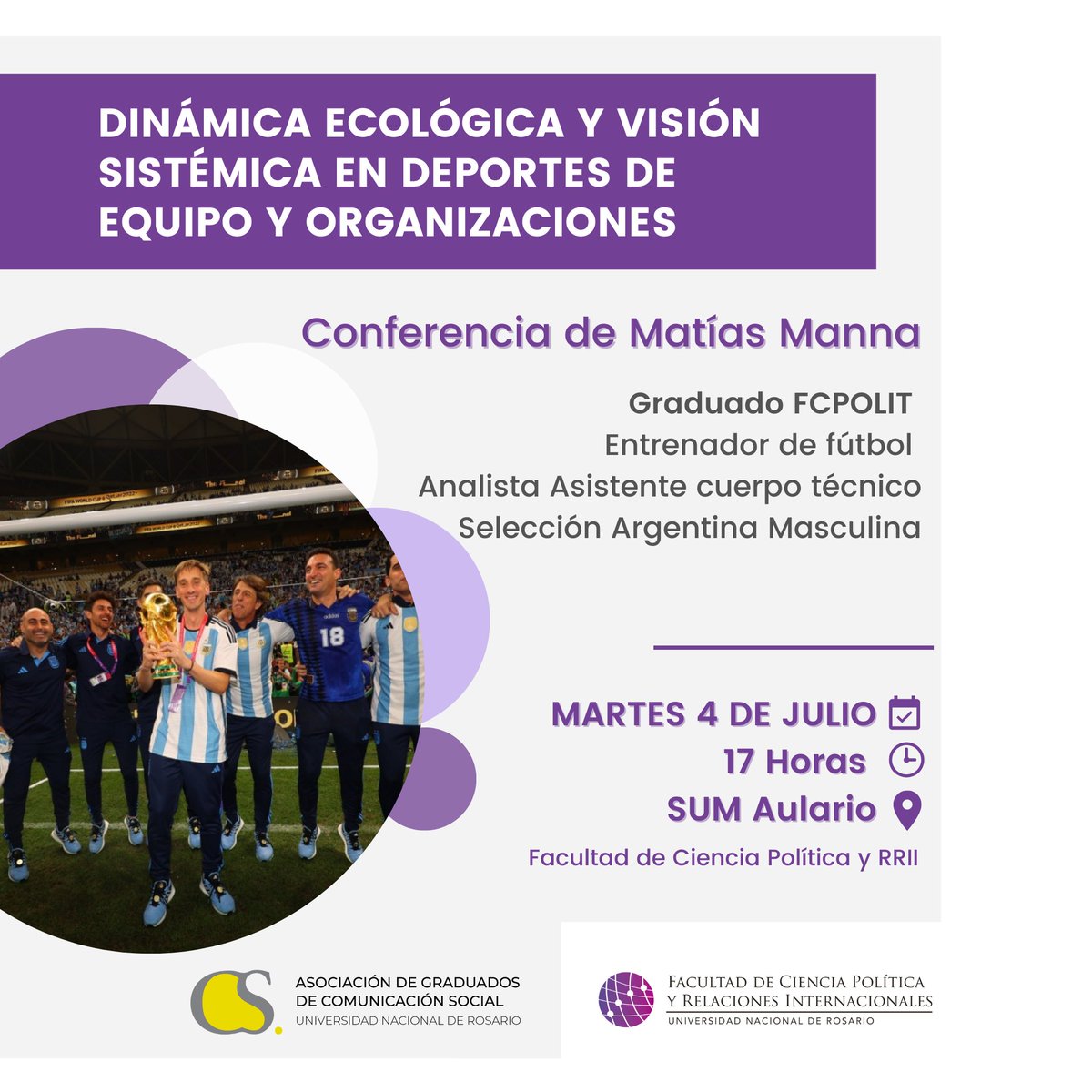 FCPolitUNR's tweet photo. 📢¡Agenda el día! Viene #MatiasManna a la Fcpolit
📅¿Cuándo? Martes 04 de Julio 👉17 hs
Los y las esperamos para compartir la experiencia de este campeón del mundo formado en #fcpolit.💜👏👏👇 https://t.co/i3xI2PYxTs