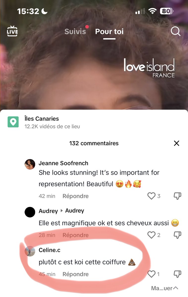 Et voilà je savais que ça allait arriver ce genre de commentaire. Et certains ne comprenaient pas pourquoi on en faisait « des caisses » avec l’afro de Cindy. Et bin c’est pour des KAREN comme ça là ! Notre Karen s’appelle Celine ! #LoveIslandFr