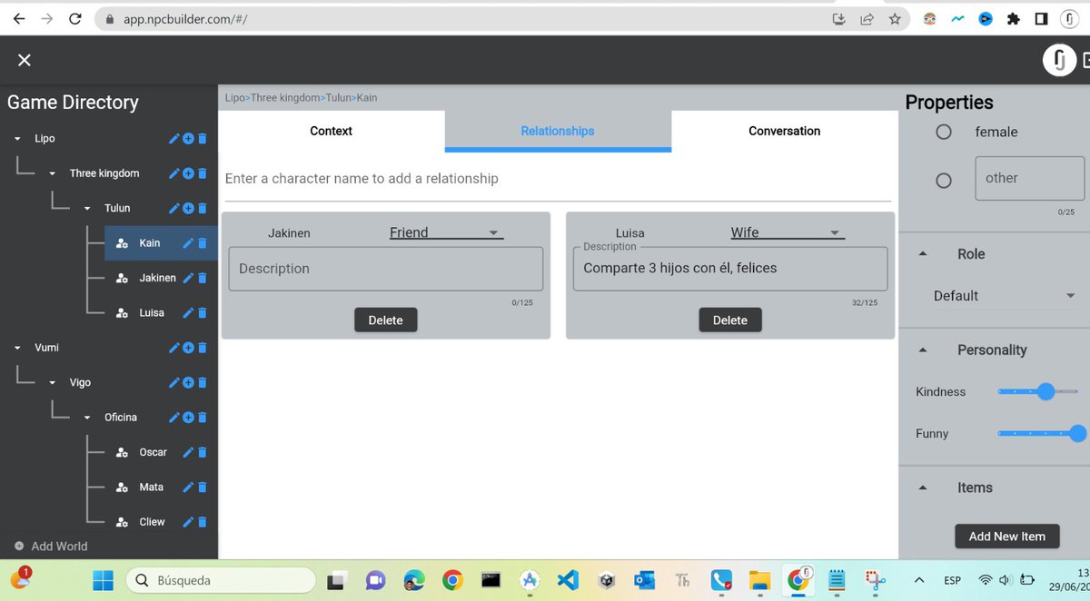 vega_escribano's tweet photo. Descubre cómo nuestras innovadoras herramientas de #IA dan vida a las relaciones entre personajes en #NPCBuilder. Explora un mundo de posibilidades narrativas y crea interacciones más ricas. 🎮💡#DesarrolloDeJuegos #Videojuegos #InteligenciaArtificial #Gaming #InteraccionesIA https://t.co/bDE6c0AIRh