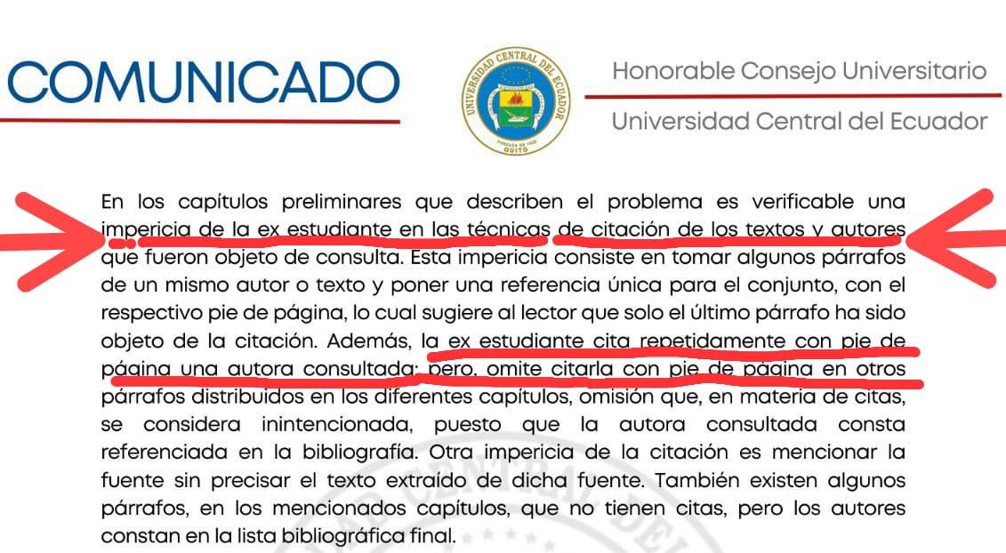 @MashiRafael Es FALSO q la @lacentralec no encontró plagio,LO HACE,PERO lo disfraza como '..IMPERICIA DE LA EX ESTUDIANTE EN LAS TÉCNICAS DE CITACIÓN..',hay párrafos enteros qACEPTAN Q HAN SIDO TOMADOS SIN CITAR
Si lo hacía otro,hubiese perdido título,cargo y,anoche mismo,lo hubiesen allanado