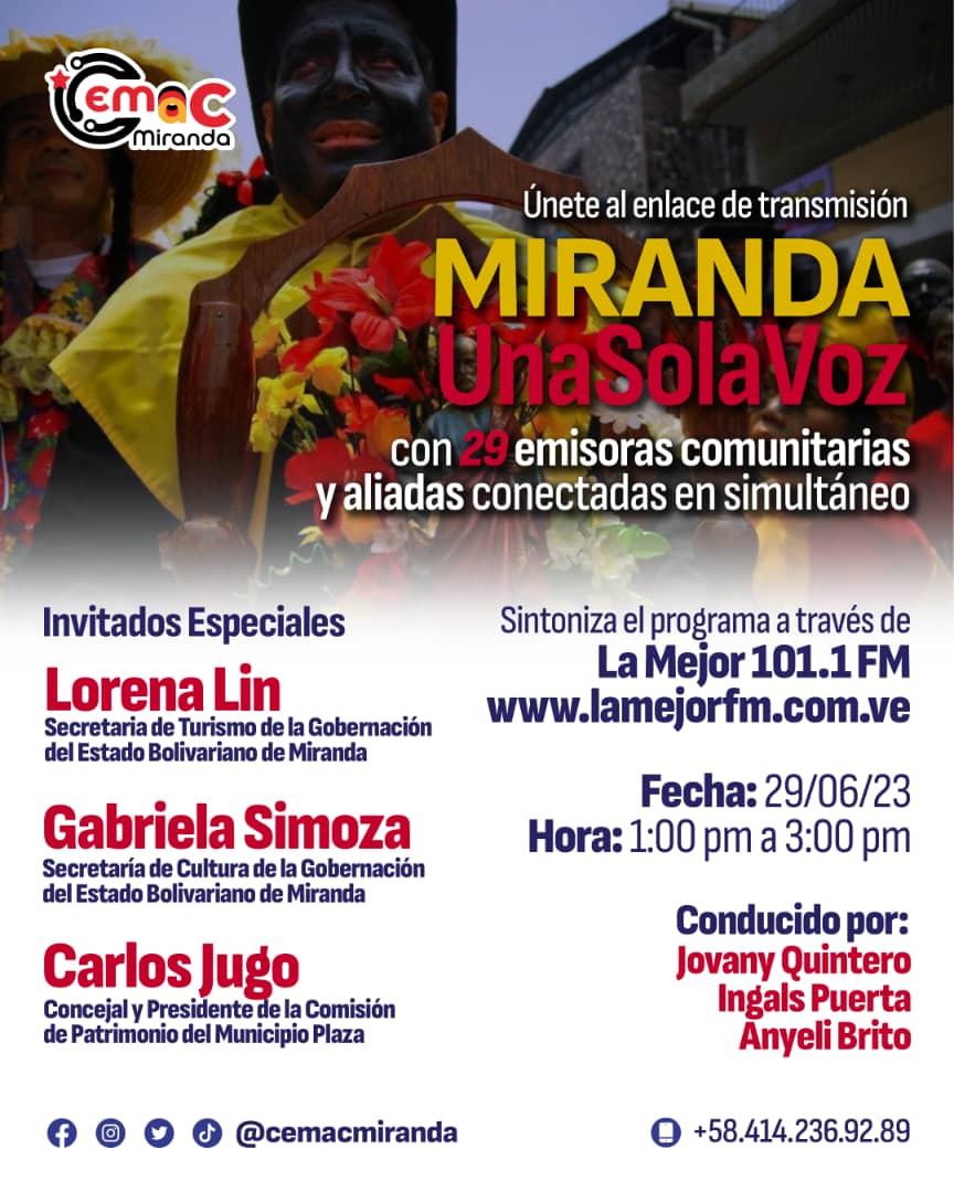 TropaC4 (@tropac4_hc) on Twitter photo Sintoniza Programa Especial
MIRANDA UNA SOLA VOZ
Homenaje a la #ParrandaDeSanPedro
Con la participación de <a href="/lorenalinch/">Lorena lin</a> <a href="/gabysimozapsuv/">Gabysimozapsuv</a> y #CarlosJugo
Hora: 1pm
Conecta la Emisora Matriz
lamejorfm.com.ve
<a href="/ConMaduroMas_/">ConMaduro+</a>
<a href="/NicolasMaduro/">Nicolás Maduro</a>
<a href="/dcabellor/">Diosdado Cabello R</a>
<a href="/jovanyquintero/">Jovany J. Quintero G.</a> Sintoniza Programa Especial
MIRANDA UNA SOLA VOZ
Homenaje a la #ParrandaDeSanPedro
Con la participación de <a href="/lorenalinch/">Lorena lin</a> <a href="/gabysimozapsuv/">Gabysimozapsuv</a> y #CarlosJugo
Hora: 1pm
Conecta la Emisora Matriz
lamejorfm.com.ve
<a href="/ConMaduroMas_/">ConMaduro+</a>
<a href="/NicolasMaduro/">Nicolás Maduro</a>
<a href="/dcabellor/">Diosdado Cabello R</a>
<a href="/jovanyquintero/">Jovany J. Quintero G.</a>