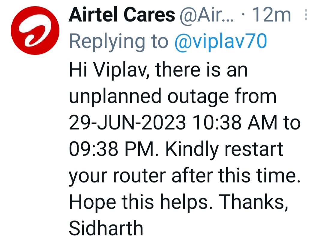 viplav70's tweet photo. @Airtel_Presence @airtelindia I am telling you from now that today you have assured that the phone will be fixed by 09.38, it will not be fulfilled. Tomorrow you will get  new excuse and a new time. Your local staff is hopeless. It Will not listen yours too. https://t.co/NWCWwwHbc8