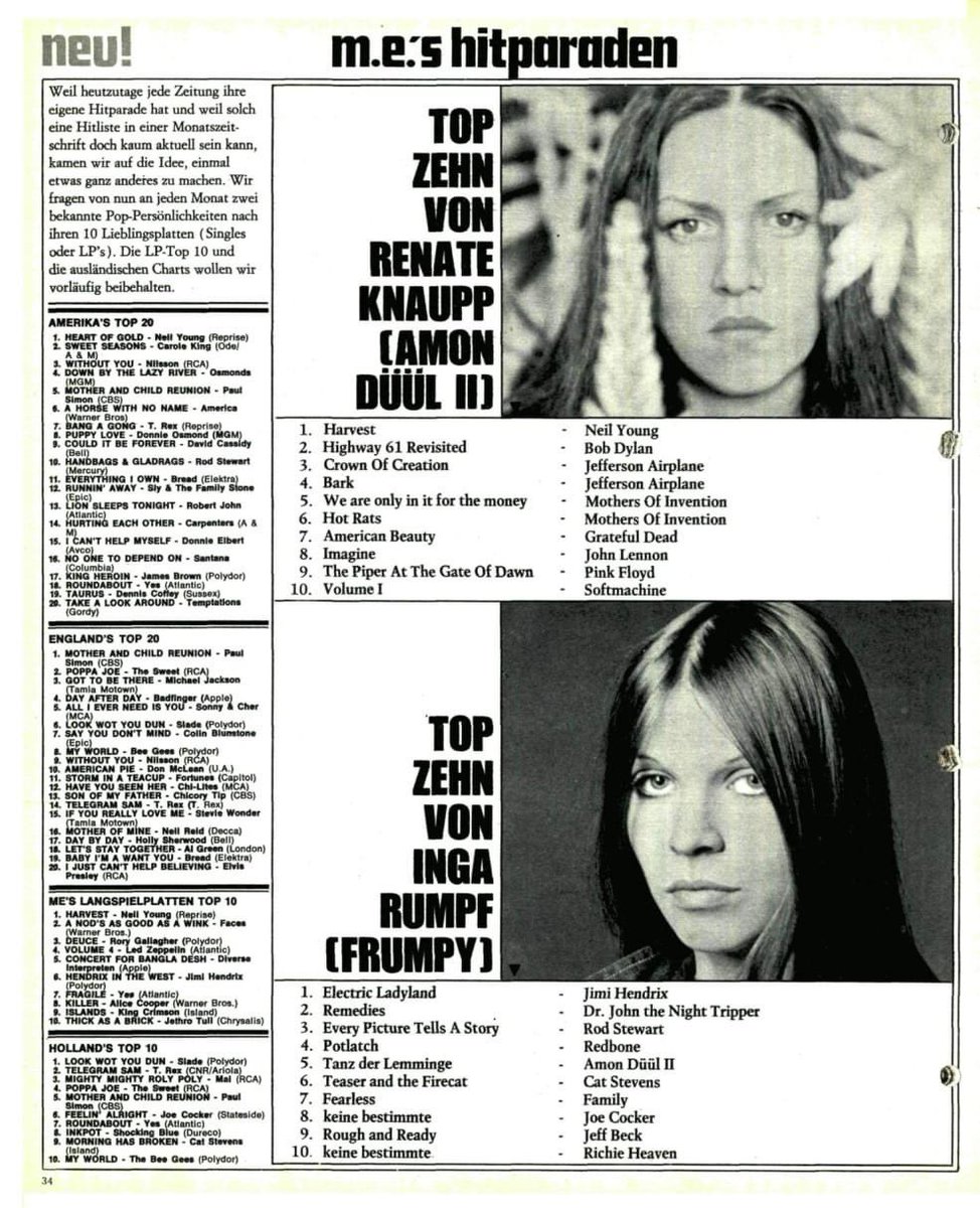 Hey Krautrock fans - dig this; 
Musikexpress magazine April 1972 -two German female singers list their top ten albums of the time - Renate from Amon Duul and Inga of Frumpy