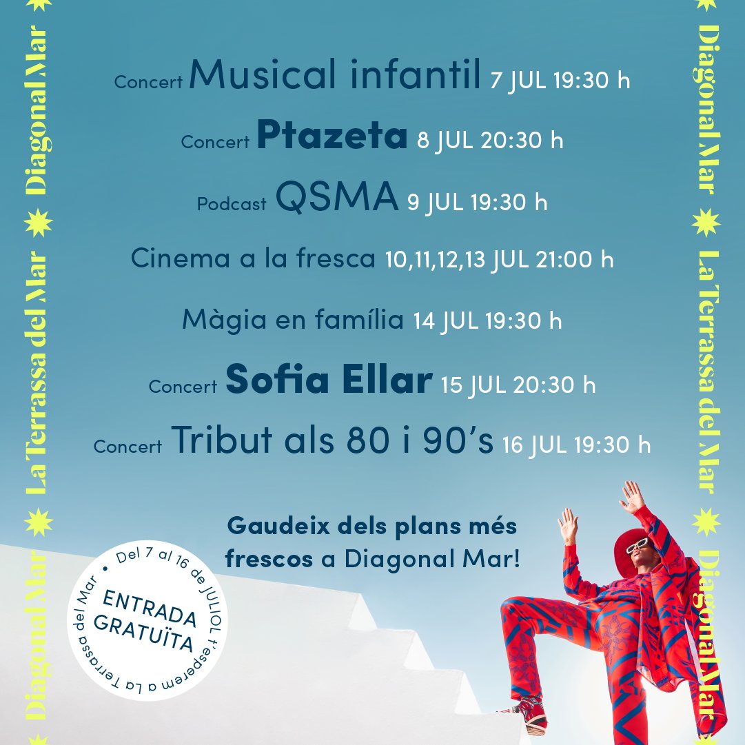 Diagonal Mar (@diagonalmar) on Twitter photo El #SummerFestival, ¡está de vuelta! 🌞Conciertos, cine al aire libre🍿, eventos infantiles, podcast en vivo... ¡planazo asegurado! 😎@ptazeta_ , <a href="/SofiaEllar/">Sofia Ellar</a> , <a href="/QSMA_/">¿Quieres Ser Mi Amigo?</a> ¡y mucho más!
diagonalmarcentre.es/summer-festiva… El #SummerFestival, ¡está de vuelta! 🌞Conciertos, cine al aire libre🍿, eventos infantiles, podcast en vivo... ¡planazo asegurado! 😎@ptazeta_ , <a href="/SofiaEllar/">Sofia Ellar</a> , <a href="/QSMA_/">¿Quieres Ser Mi Amigo?</a> ¡y mucho más!
diagonalmarcentre.es/summer-festiva…