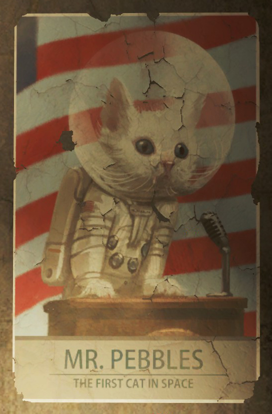 thefalloutwiki's tweet photo. Pictured: Poster for Mr. Pebbles, the first cat in space. https://t.co/GlTxvIY6rA