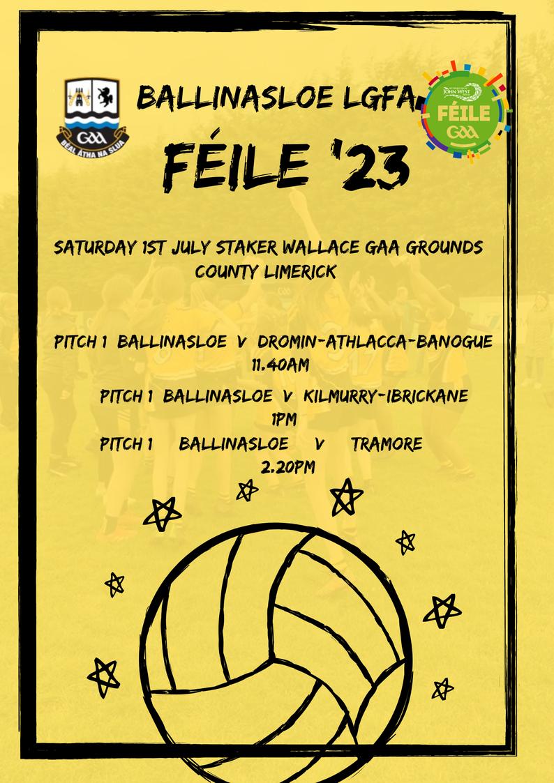 BallinasloeGAA's tweet photo. The @feilegaa competition is starting this Saturday for our girls in Limerick.

We are playing teams from Limerick, Waterford and Clare

We wish the best of luck to all our Feile girls and management representing their club and county!!!⬛🟨⬛🟨⬛🟨
@GalwayLgfa https://t.co/BShfBTM3aD