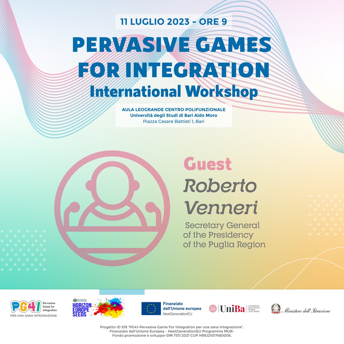 PG4Integration's tweet photo. At the International Workshop "Pervasive Games for Integration," during the session "Migrants and Host Society," Roberto Venneri, Secretary General of the Presidency of the Puglia Region, will be speaking. 

#pg4i https://t.co/7Lr4t21ans
