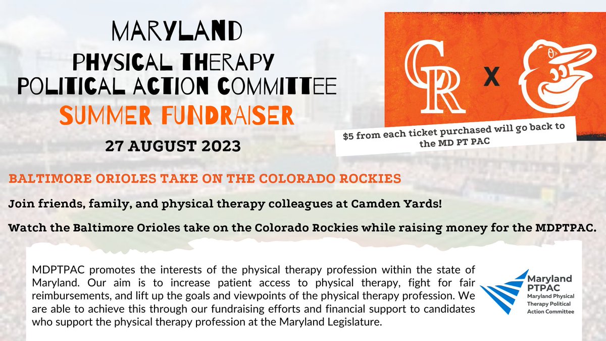 APTAofMaryland's tweet photo. #MDPTPAC summer fundraiser 8/27/23. Join family, friends, and colleagues at Camden Yards and watch the Orioles take on the Rockies. $5 from each purchase will go back to the MDPTPAC. https://t.co/pz30seQBXv @jdsheppard @RoyFilmDPT @Orioles #PatientAccess #FairCopays #ProtectPT https://t.co/dEkx6qY5Z9