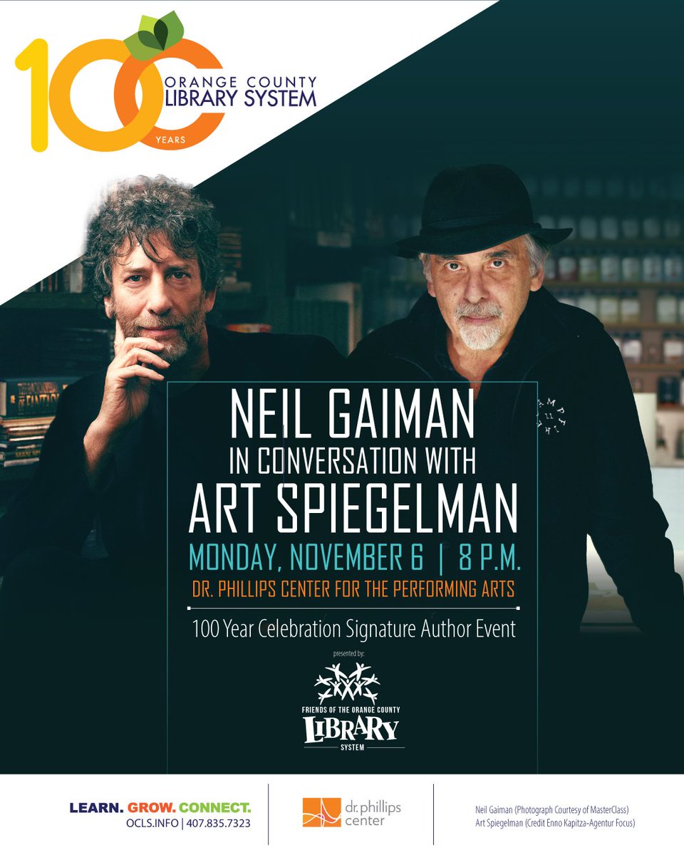 OCLS welcomes international bestselling author Neil Gaiman, in conversation with celebrated cartoonist Art Spiegelman, to Orlando on November 6, 2023. ✨Tickets on sale starting August 11!✨ 📍Steinmetz Hall, Dr. Phillips Center for the Performing Arts 🎟️ocls.info/signatureautho…