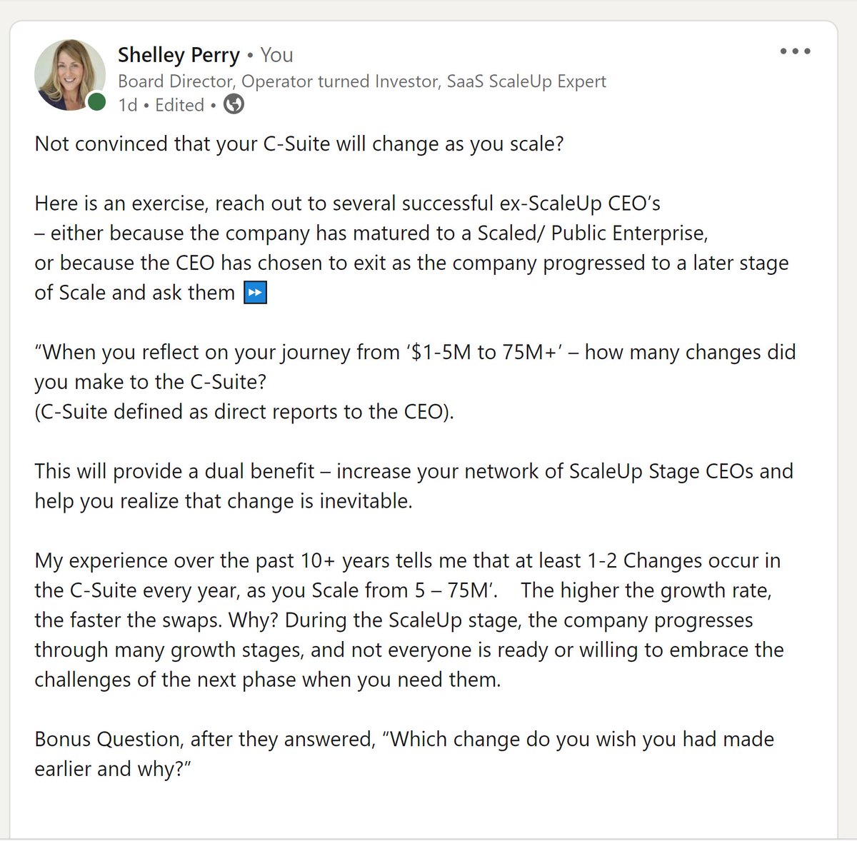 shelleymperry's tweet image. Not convinced that your C-Suite will change as you scale?

Here is an exercise

#scaleup #csuiteconversations #ceomindset #growthstage