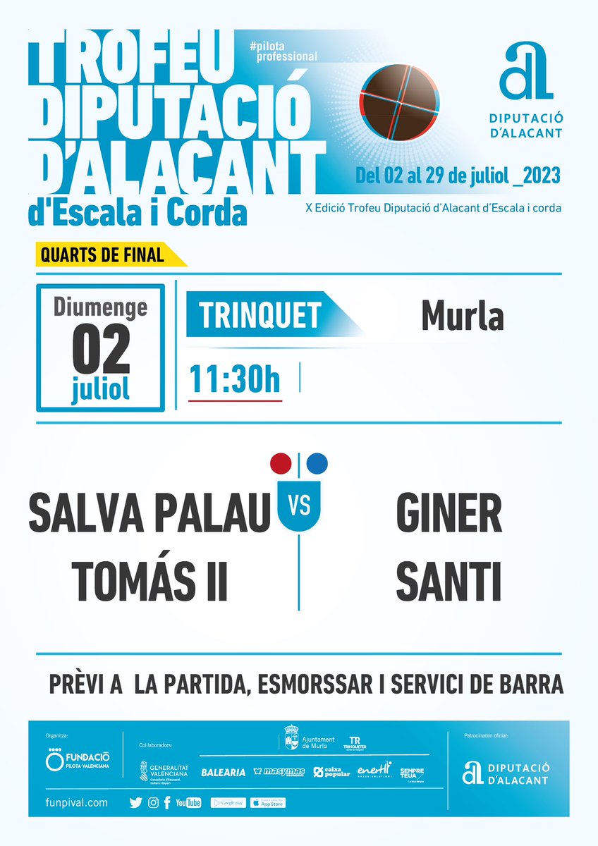 📆|Cap de setmana de #pilotaprofessional

•Divendres lluita pel 3 i 4 lloc en directe per <a href="/Proximiatv/">Proximia</a> 
•Dissabte baixa el teló el XXXVIII Capionat Individual Trofeu President de la <a href="/generalitat/">Generalitat</a> en directe per <a href="/apunt_media/">À Punt</a> 
•Diumenge Trofeu <a href="/dipuAlicante/">Diputación de Alicante</a> 

#trofeuindividual23