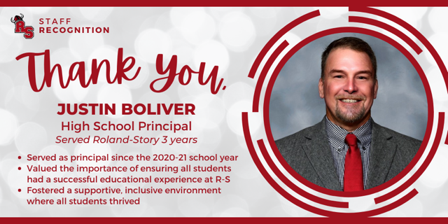 mattpatton19's tweet photo. Please join us in celebrating Justin Boliver, High School Principal at Roland-Story, as he embarks on a new journey. Since 2020, Justin dedicated himself to the success &amp; well-being of every student. We thank him for his service &amp; wish him continued success! https://t.co/SA8bY33QYH