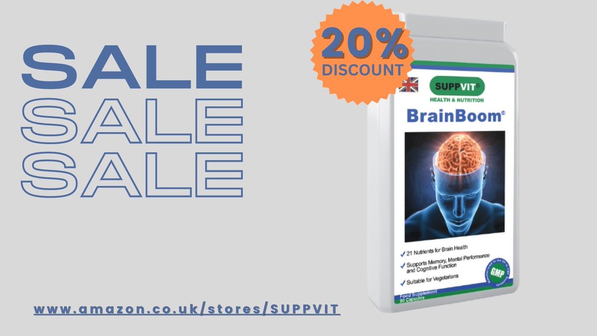 BrainBoomCo's tweet photo. Our nootropics supplement currently has a discount voucher worth 20%. Limited stock remaining. #brainboom #suppvitco #nootropics #cognitivefunction #memory #focus #concentration #salesalesale #discount #summersale https://t.co/zxgMbX7ehE