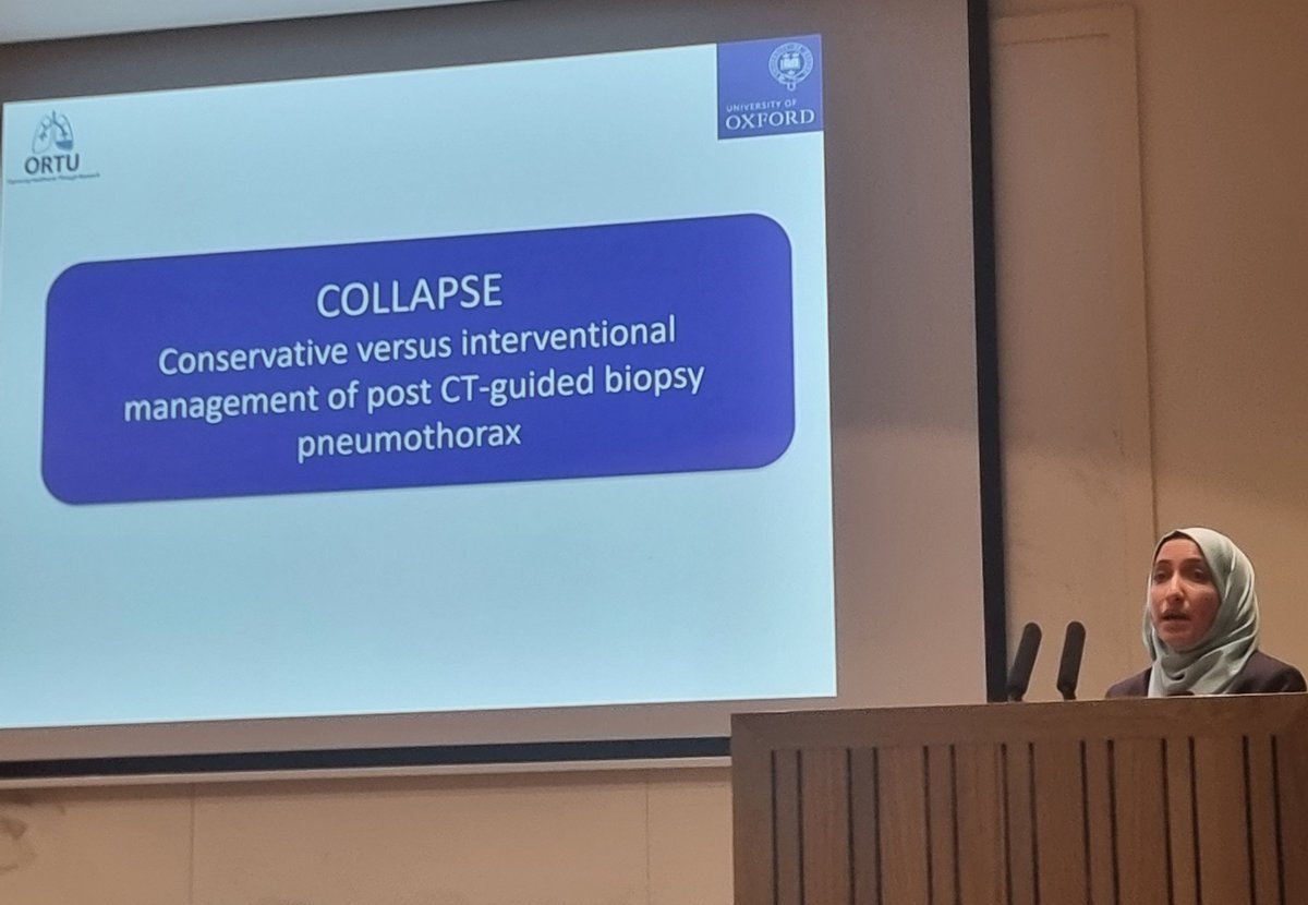 Dr Beenish Iqbal giving us a smashing run through of iatrogenic pneumothorax, centering on two planned studies of hers, PLUMB (@INSPIREresp_UK ) and COLLAPSE based on great PPE work. The future is bright for Pneumothorax research - that's 7 current trials! @UKPleura