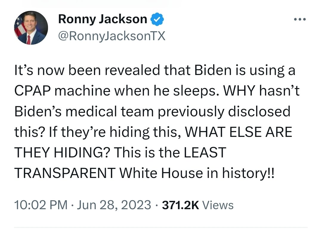 Surely Ronny Jackson is drinking on the job again lmaoooo this mf wants Joe Biden to disclose use of CPAP machine 😂 😂 😂 😂