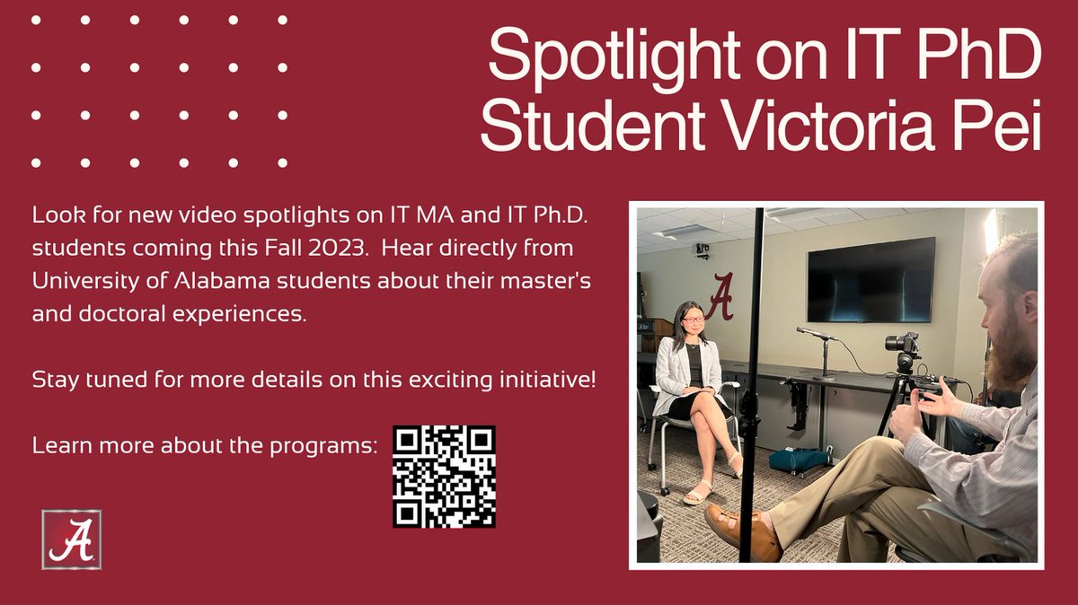 Look for new video spotlights on IT MA and IT Ph.D. students this Fall 2023. Hear directly from UA students about their master's and doctoral experiences. Stay tuned for more details! online.ua.edu/degrees/ma-in-… #UA #Rolltide #tech #instructionaldesign #IT #ID