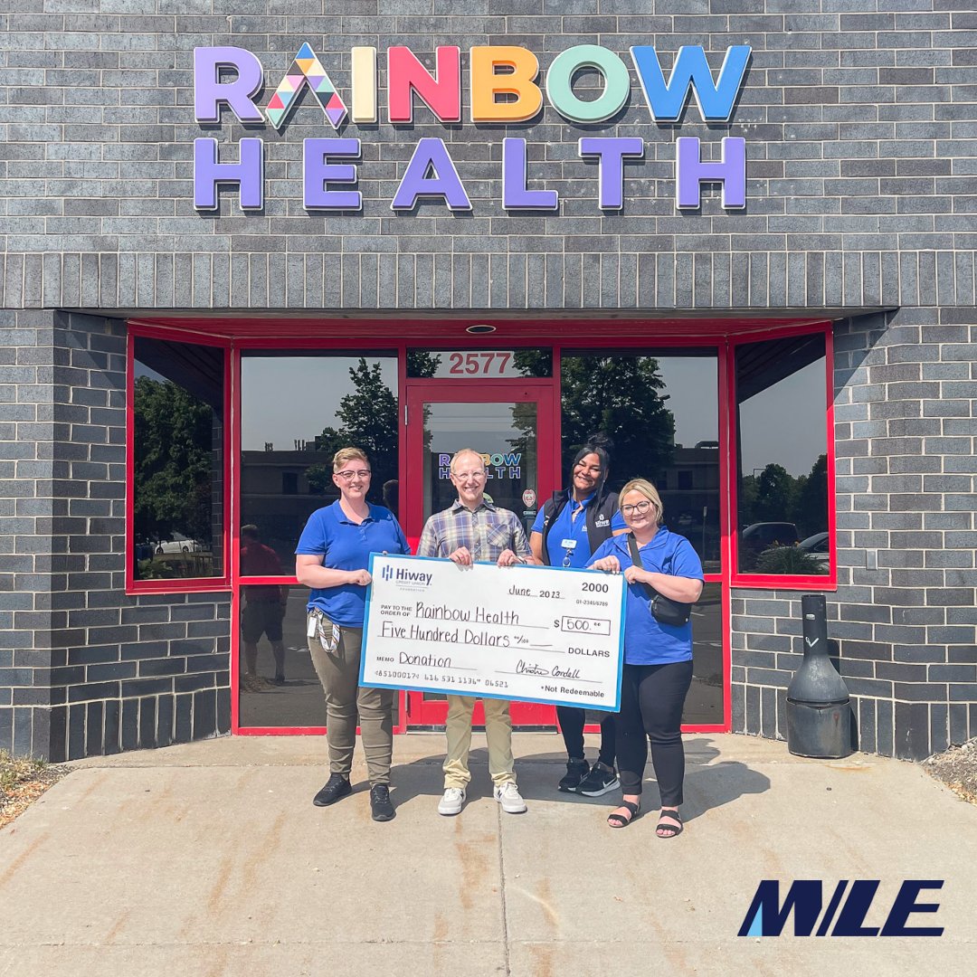 Proud to support Rainbow Health! 🌈 They provide compassionate care, breaking down barriers to better health, & fight for inclusive health systems. This donation from MILE perfectly aligns with our vision of a diverse, equitable, & inclusive Hiway community.