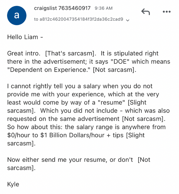 _elkue's tweet image. It would seem the city has some work to do in terms of educating employers about our salary transparency law judging by this reply I got when inquiring about a job at a Brooklyn eatery