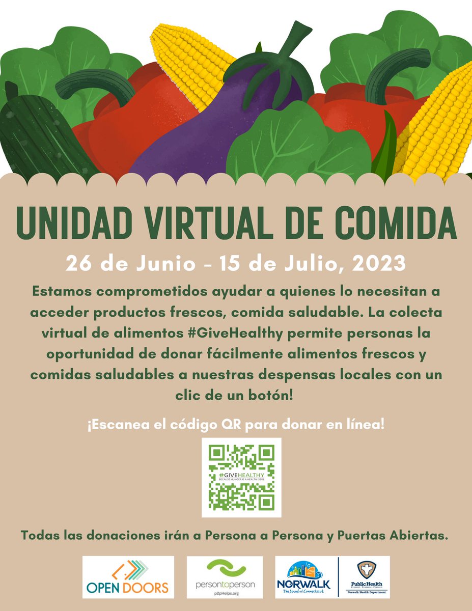 Join us in helping those in need access fresh, healthy foods! We have partnered with #GiveHealthy to host a virtual food drive now until July 15th. All donations will go to <a href="/p2phelps/">Person to Person</a>  and <a href="/OpenDoorsCT/">Open Doors</a> .  

To donate, scan the QR code on the flyer or visit amplify.ampyourgood.com/user/campaigns…