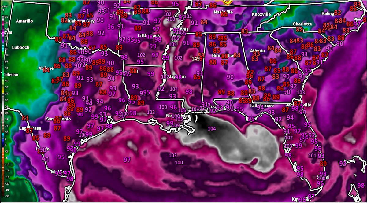 WilliamScherer3's tweet photo. @imanuglymess @beavergril 105F is the all-time hottest temperature ever recorded in #Denver. 90s are common. Speaking of hot & sultry, look at these #dewpoints in #LAwx. Extremely rich moisture resulting in dews in the 80s. #Heat indices already in the 100s this a.m. gom moisture in #COwx too.#WYwx #Humid https://t.co/4hv2jDcDyT